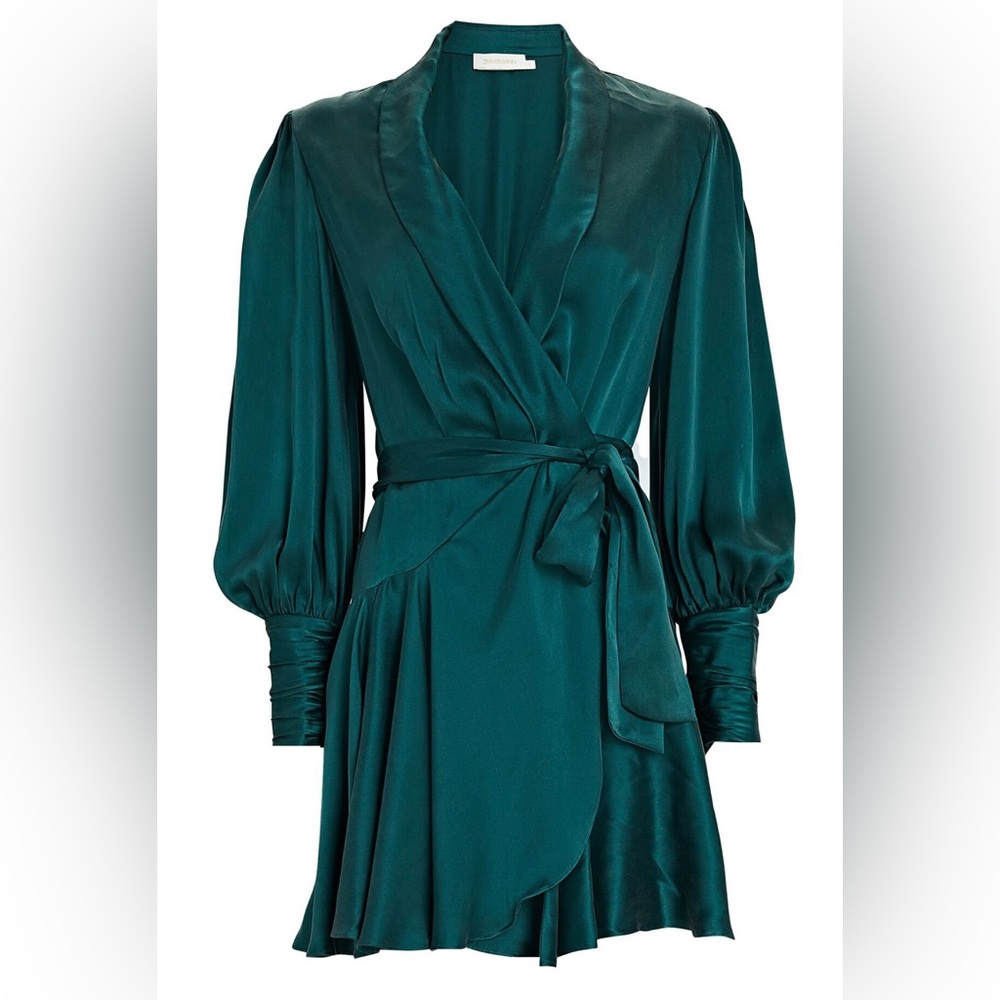 In search of Zimmermann mini silk wrap dress in the color jade size 0P/00 or 0
